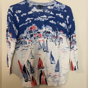Talbots Sailboat Regatta Cardigan Sweater Cotton Knit Size Small